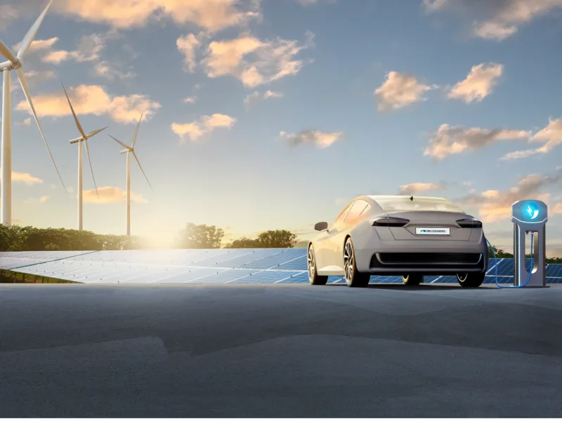 E-Auto lädt sich an der Ladestation auf einer Straße mit Solarpanels und Windrändern auf.